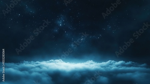 A starry night sky above a sea of clouds with a soft glow emanating from the clouds.