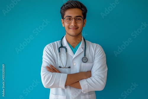 Confident Indian doctor with stethoscope in white coat providing medical care and healthcare services photo