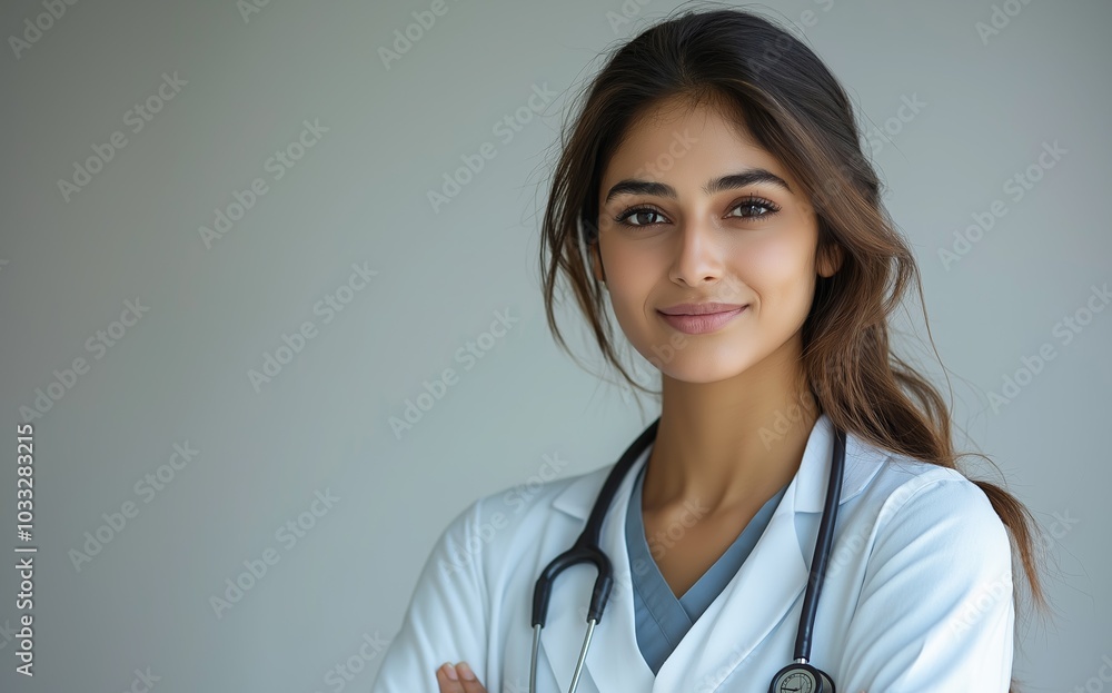 Confident Indian doctor with stethoscope smiling in white coat, ready for patient care and consultation Confident Indian doctor with stethoscope smiling in white coat, ready for patient care and consultation