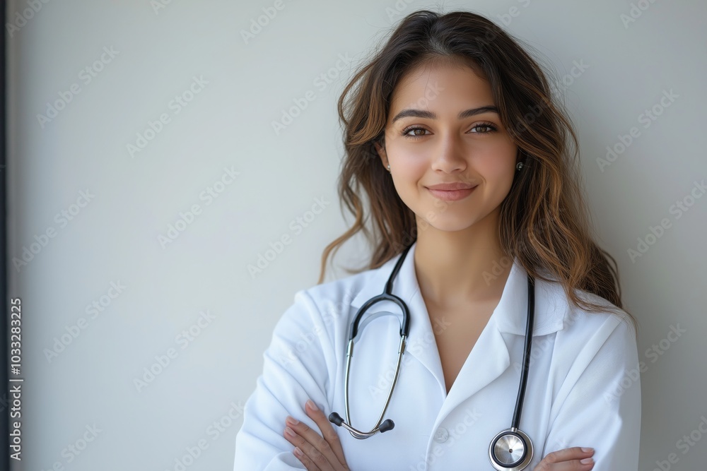 Smiling Indian female doctor with stethoscope wearing white coat providing professional healthcare Smiling Indian female doctor with stethoscope wearing white coat providing professional healthcare