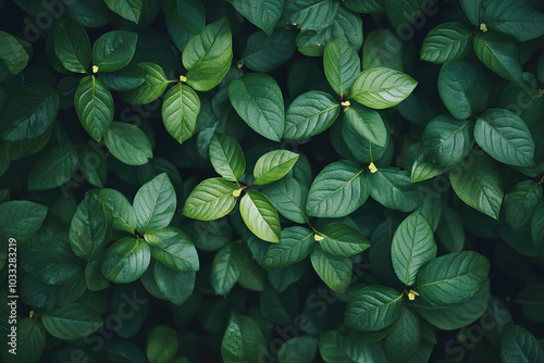 Small green leaves texture background with beautiful pattern. Clean environment. Ornamental plant in the garden. Eco wall. Organic natural background. Many leaves reduce dust in air. Tropical forest