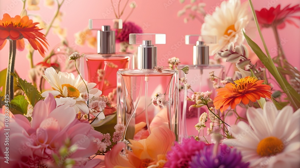 Elegant Perfume Bottles Amidst Vibrant Flowers Elegant Perfume Bottles Amidst Vibrant Flowers