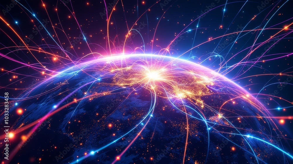 Fiber optic cables around Earth, USA nightlights Fiber optic cables around Earth, USA nightlights