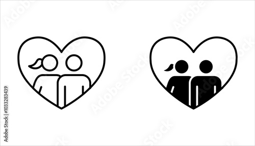 Bride and groom line black icon set. Wedding ceremony on white background