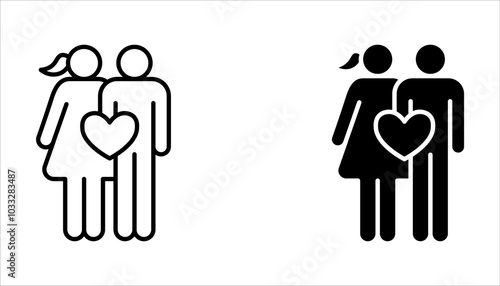 Bride and groom line black icon set. Wedding ceremony on white background