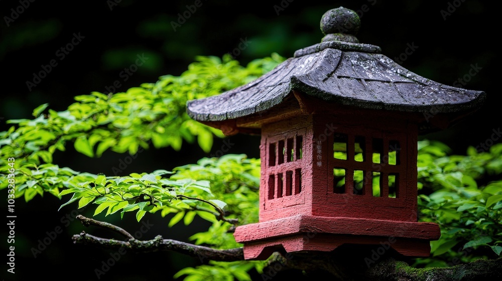 Japanese Red Lantern in Lush Green Garden Japanese Red Lantern in Lush Green Garden