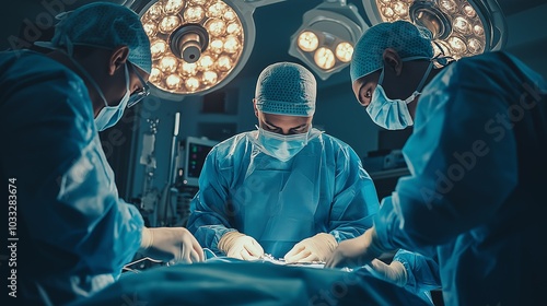 Surgeons performing a critical operation in a sterile operating room under bright surgical lights photo