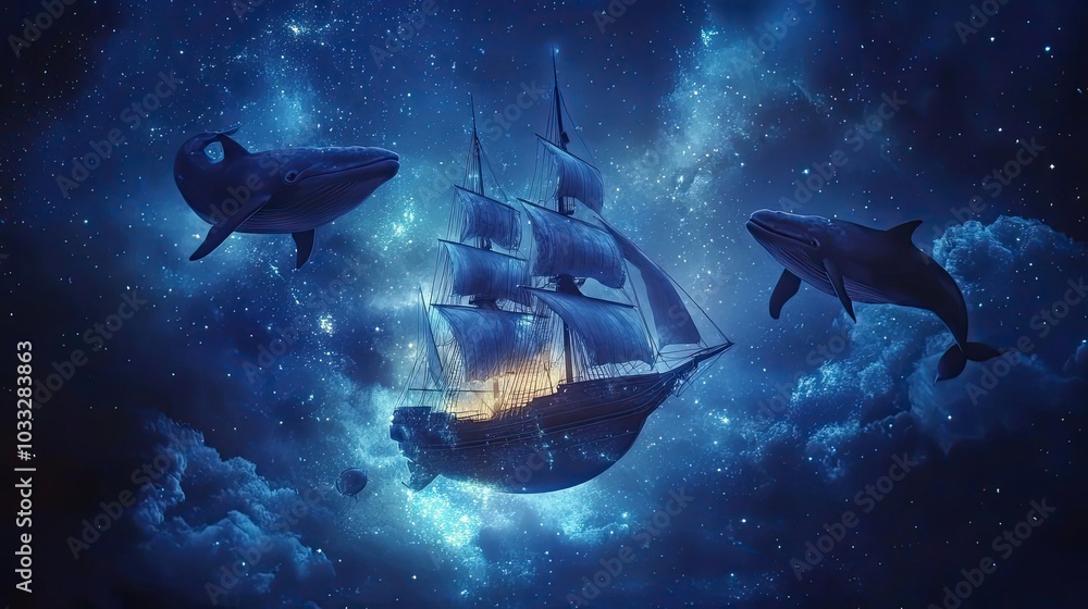 Obraz premium A Ship Sailing Through a Starry Night Sky Accompanied by Whales