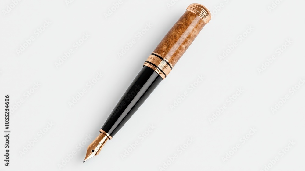 Elegant Gold and Brown Fountain Pen on White Background Elegant Gold and Brown Fountain Pen on White Background