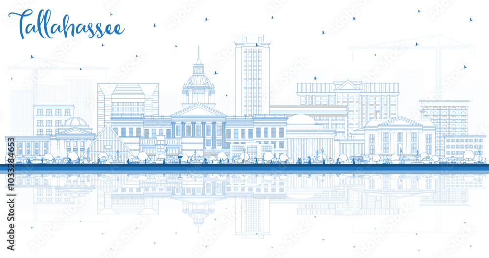 Outline Tallahassee Florida City Skyline with Blue Buildings and reflections. Tallahassee Cityscape with Landmarks. Business Travel and Tourism Concept with Modern Architecture. Outline Tallahassee Florida City Skyline with Blue Buildings and reflections. Tallahassee Cityscape with Landmarks. Business Travel and Tourism Concept with Modern Architecture.