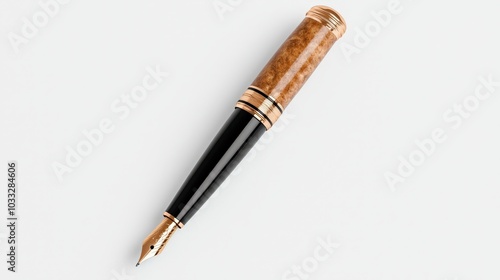 Elegant Gold and Brown Fountain Pen on White Background