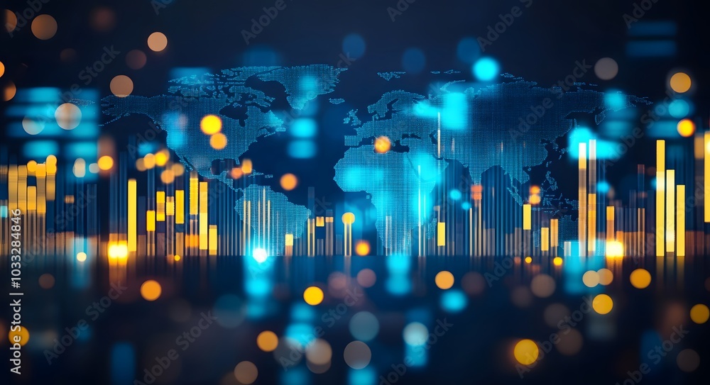 Stock market candlestick chart with a global map background, in blue and yellow colors, against a dark blue background, with a blurred background, Stock market candlestick chart with a global map background, in blue and yellow colors, against a dark blue background, with a blurred background,