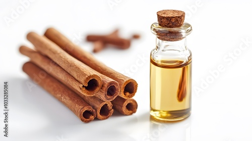 Aromatic cinnamon sticks and essential oil on white background.  photo