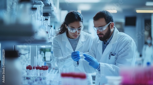 Two Scientists in a Laboratory Examining a Sample photo