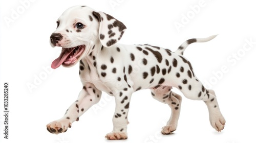 Wallpaper Mural A cute Dalmatian puppy with black spots walks on a white background with its tongue out. Torontodigital.ca