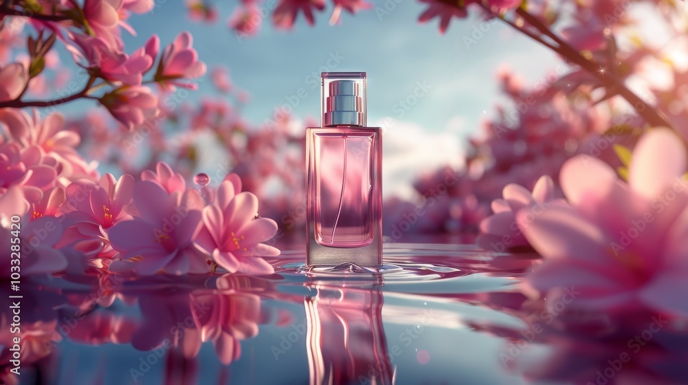 Pink Perfume Bottle Surrounded by Blooming Flowers Pink Perfume Bottle Surrounded by Blooming Flowers