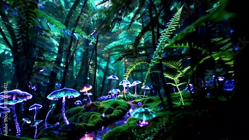 The bioluminescent forest pulsated with emerald and sapphire light photo