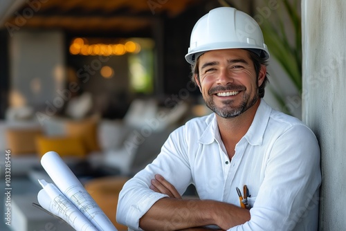 Architect confidently presenting building plans at an active construction site outdoors photo