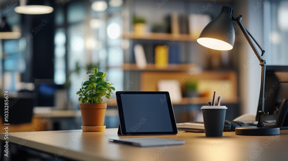 Modern Office Desk Setup with Tablet and Plant Modern Office Desk Setup with Tablet and Plant