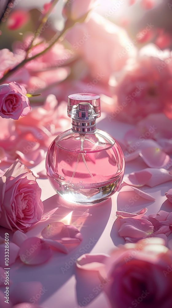Elegant Pink Perfume Bottle with Rose Petals Elegant Pink Perfume Bottle with Rose Petals
