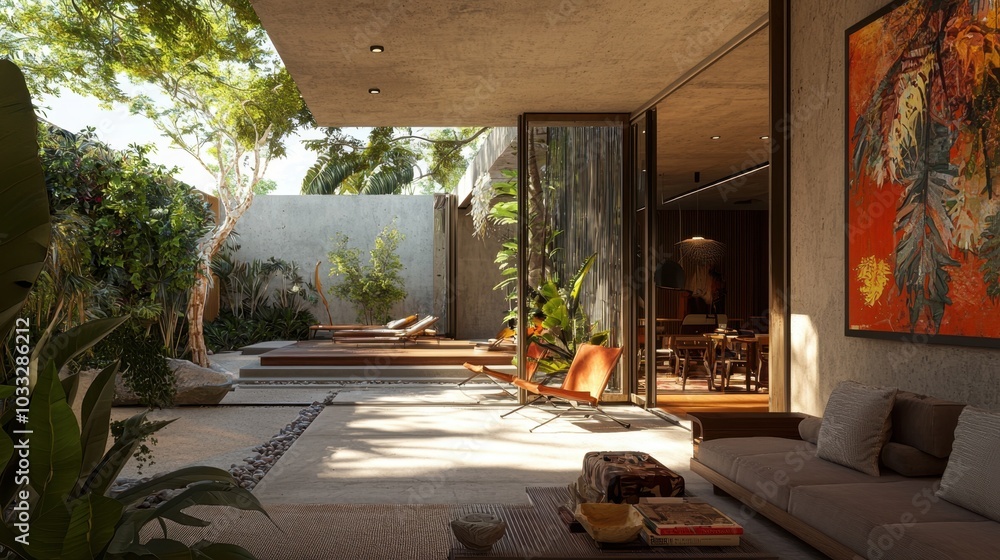 Modern indoor-outdoor living space with lush greenery Modern indoor-outdoor living space with lush greenery