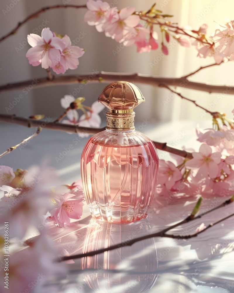 Elegant Pink Perfume Bottle with Cherry Blossoms Elegant Pink Perfume Bottle with Cherry Blossoms