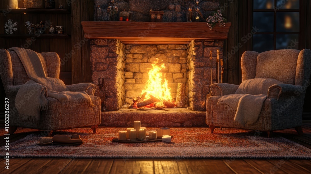 Cozy cabin with a fireplace and two chairs. Cozy cabin with a fireplace and two chairs.