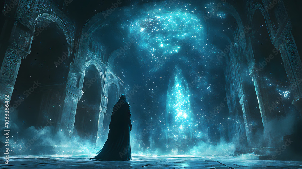 The Resplendent Galaxy Knight Enveloped by Cosmic Wonders in the Heart of Ancient Architecture The Resplendent Galaxy Knight Enveloped by Cosmic Wonders in the Heart of Ancient Architecture