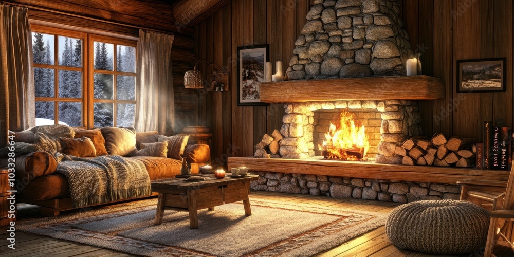 Cozy cabin interior with fireplace and snow-covered trees. Cozy cabin interior with fireplace and snow-covered trees.