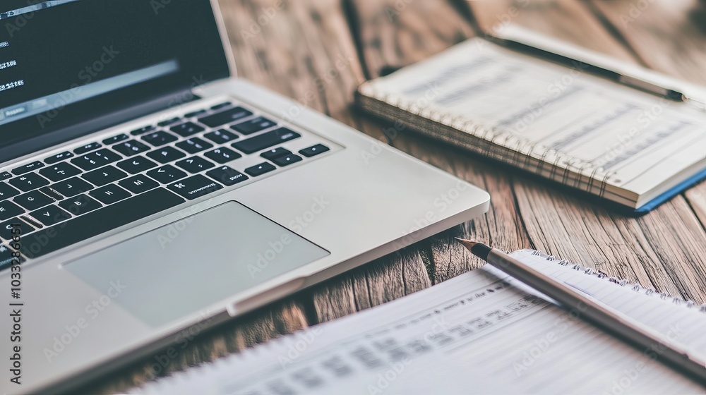 A laptop displaying a project schedule on a spreadsheet. A notebook is next to it. The image is simple and clear. A laptop displaying a project schedule on a spreadsheet. A notebook is next to it. The image is simple and clear.