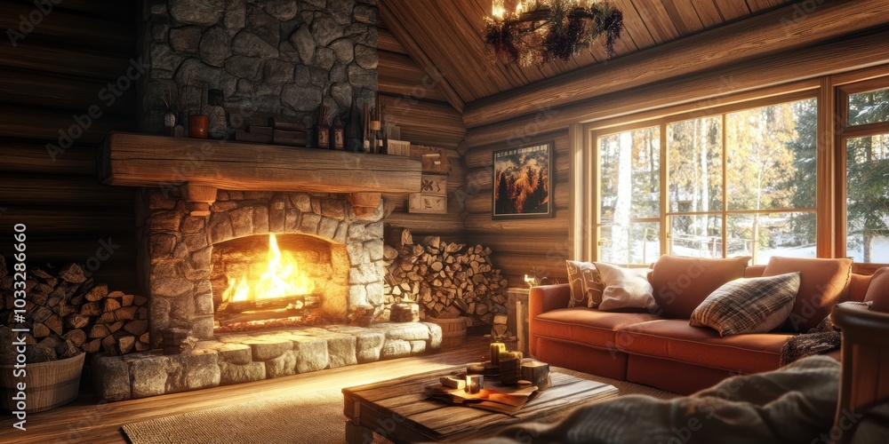 Cozy cabin with fireplace, couch, and snowy window view. Cozy cabin with fireplace, couch, and snowy window view.