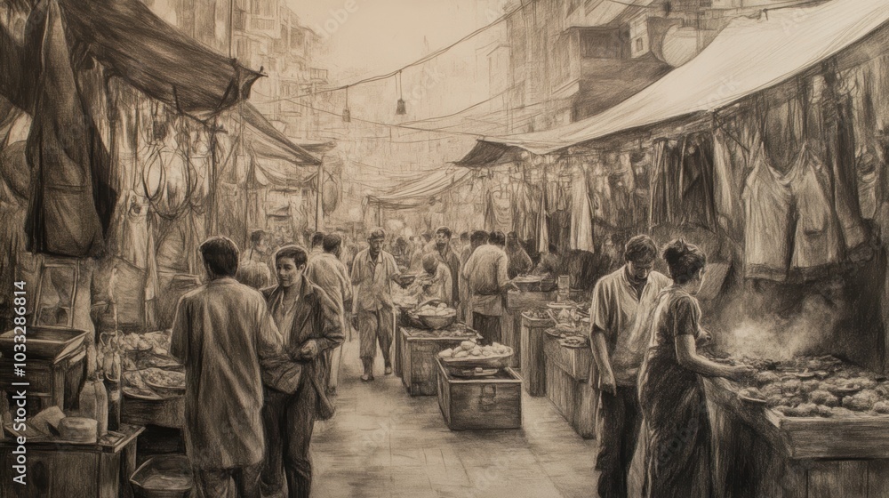 Fototapeta premium A pencil sketch of a busy marketplace.