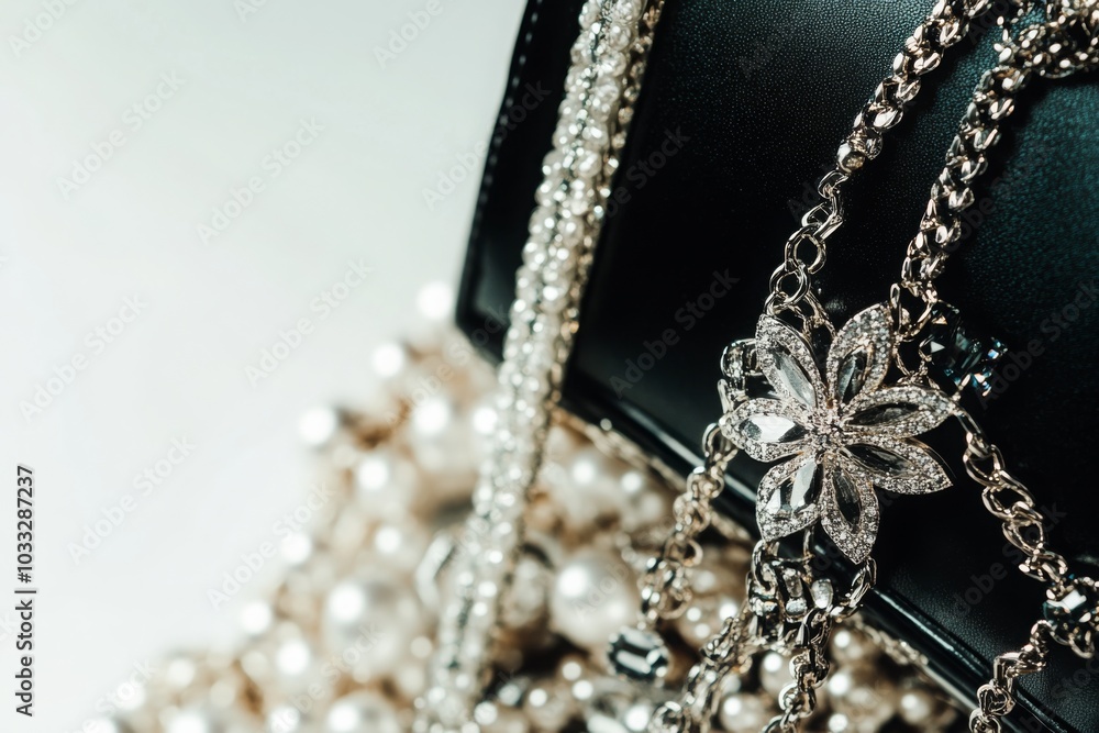 A delicate silver flower charm adorns a luxurious black handbag surrounded by pearls A delicate silver flower charm adorns a luxurious black handbag surrounded by pearls