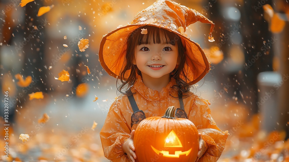 A cheerful child in a pumpkin costume holds a carved pumpkin amidst falling leaves. A cheerful child in a pumpkin costume holds a carved pumpkin amidst falling leaves.