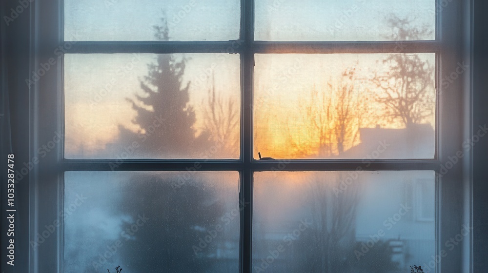 A window obscured by a light fog, with distant silhouettes of trees and buildings A window obscured by a light fog, with distant silhouettes of trees and buildings
