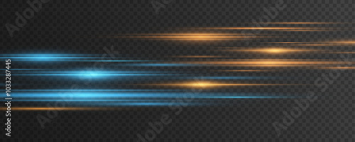 Dynamic blue and orange laser beams isolated on dark transparent background. Abstract light effect. Lens flare. Glowing moving rays. Vector illustration. EPS 10.