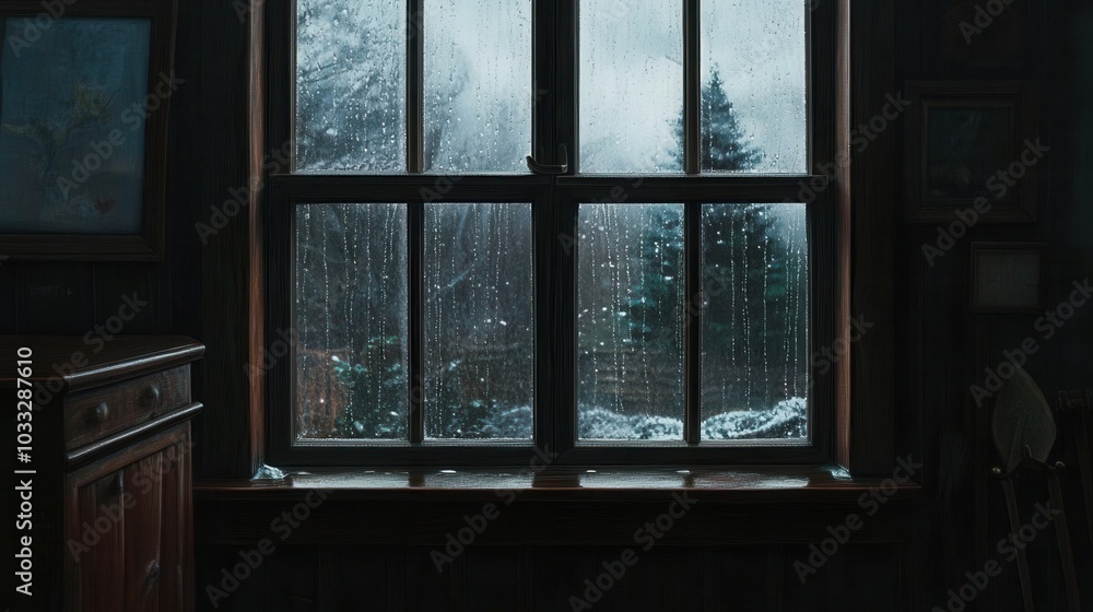 A window with raindrops streaming down, reflecting gray clouds and dim light outside A window with raindrops streaming down, reflecting gray clouds and dim light outside