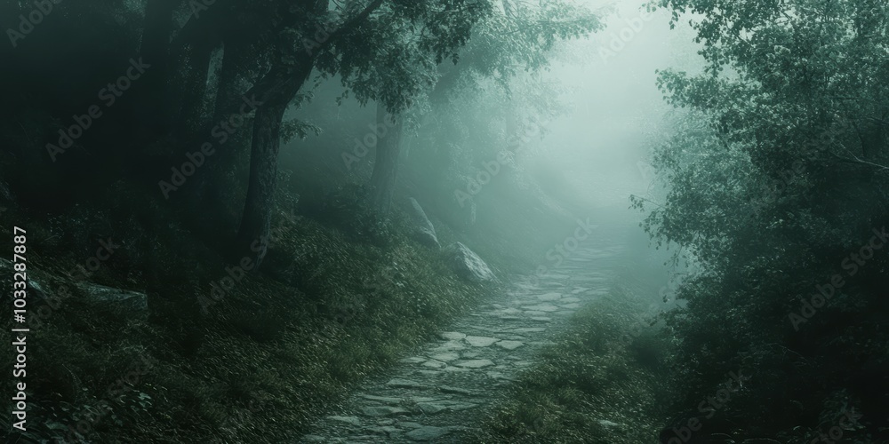 Stone path through misty, dark forest. Stone path through misty, dark forest.