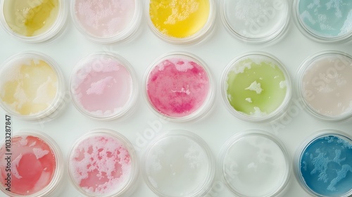 A Row of Petri Dishes with Colorful Agar Plates Containing Microbial Colonies