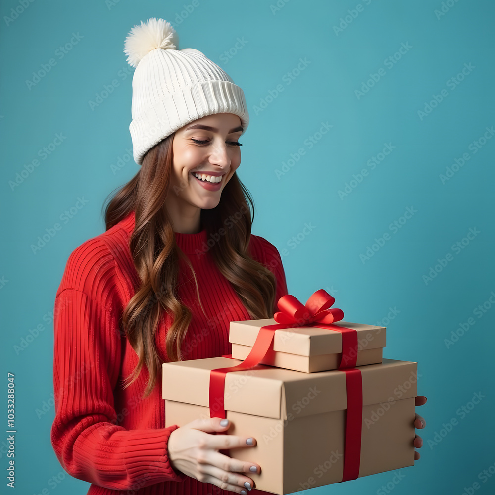 Happy woman in red sweater holding christmas gifts on blue background Happy woman in red sweater holding christmas gifts on blue background