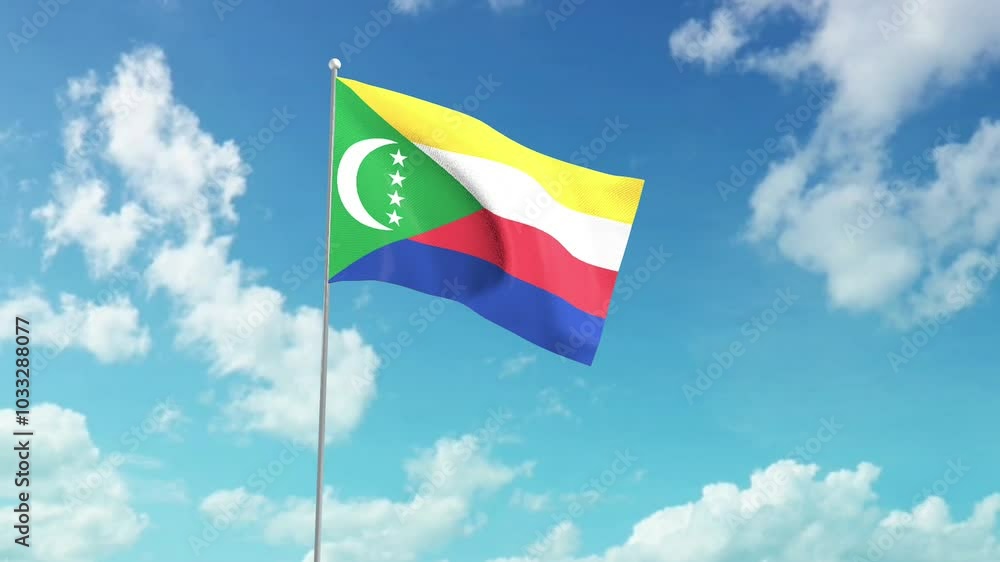 The national flag of Comoro, fluttering in the blue sky. The national flag of Comoro, fluttering in the blue sky.