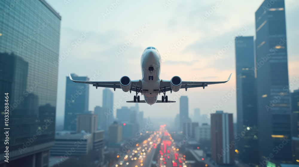 Dynamic Urban Airplane Photography: Aircraft Flying Over City Skylines and Skyscrapers - Perfect for Travel, Aviation, and Architecture Concepts Dynamic Urban Airplane Photography: Aircraft Flying Over City Skylines and Skyscrapers - Perfect for Travel, Aviation, and Architecture Concepts