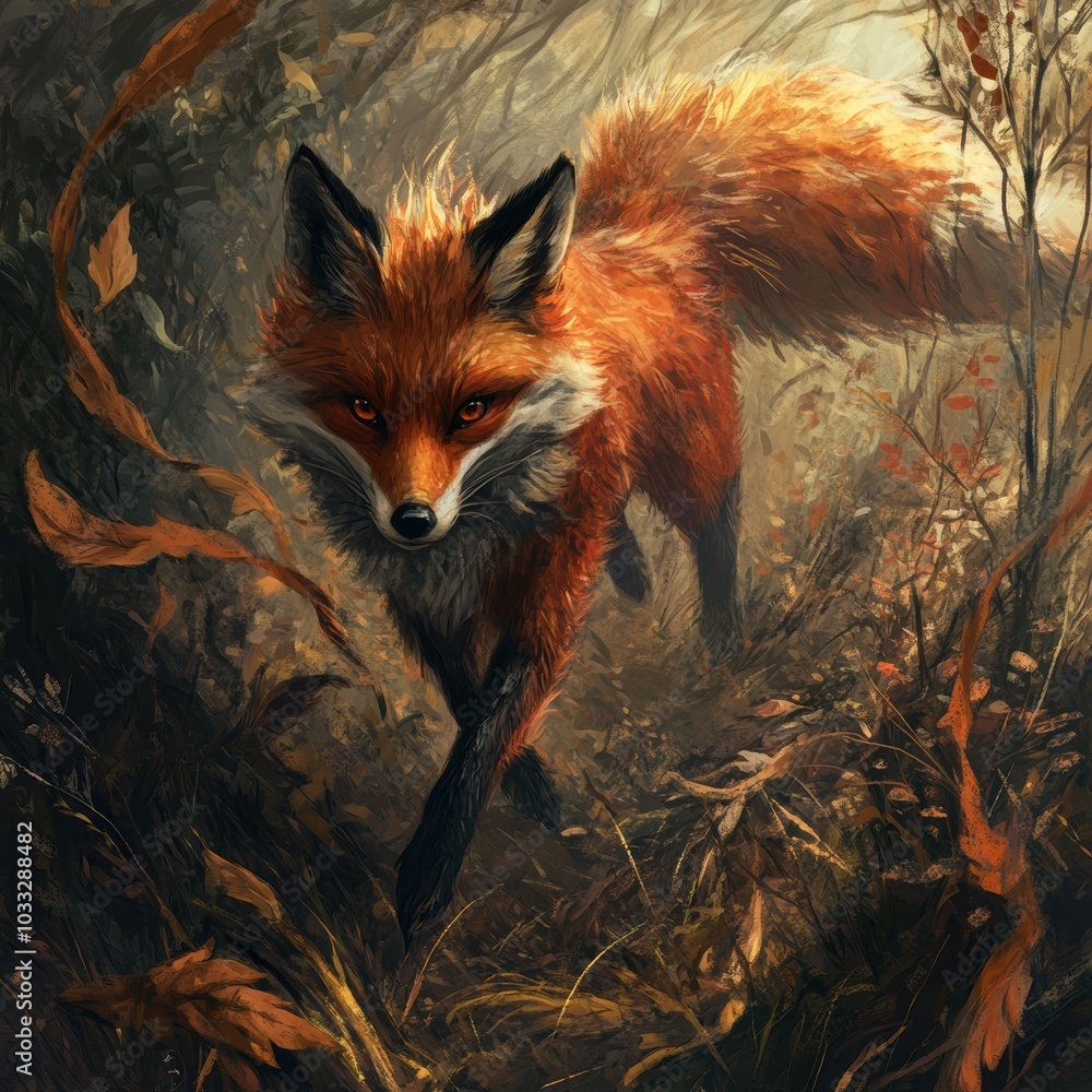 Naklejka premium A red fox walking through a forest.