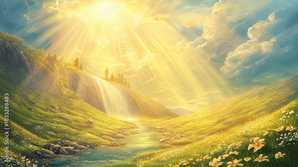A Waterfall Cascade in a Sunlit Meadow with Flowers and a Stream A Waterfall Cascade in a Sunlit Meadow with Flowers and a Stream