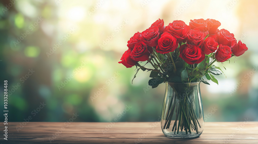 High-resolution photo, bouquet of red roses in a glass vase, set on a wooden table, natural sunlight streaming from the side, petals slightly open with a soft glow, rustic and warm atmosphere High-resolution photo, bouquet of red roses in a glass vase, set on a wooden table, natural sunlight streaming from the side, petals slightly open with a soft glow, rustic and warm atmosphere