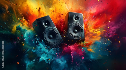 Vibrant urban nightlife with black sound speakers in the center of a swirling, colorful paint explosion, creating a fun and exciting party vibe