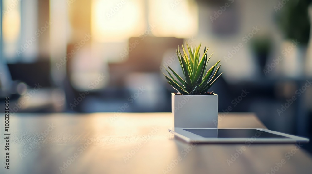 Minimalist Office Desk with Plant and Tablet Minimalist Office Desk with Plant and Tablet
