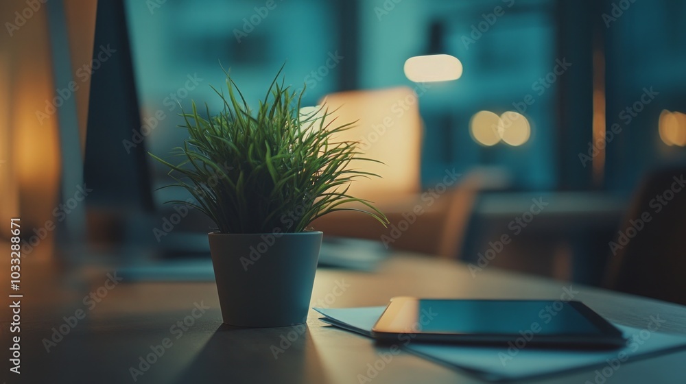 Minimalist Desk Setup with Plant and Tablet Minimalist Desk Setup with Plant and Tablet