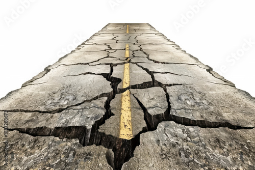 asphalt road isolated on white background. old destroyed, worn out roadbed with cracks. way over the horizon.