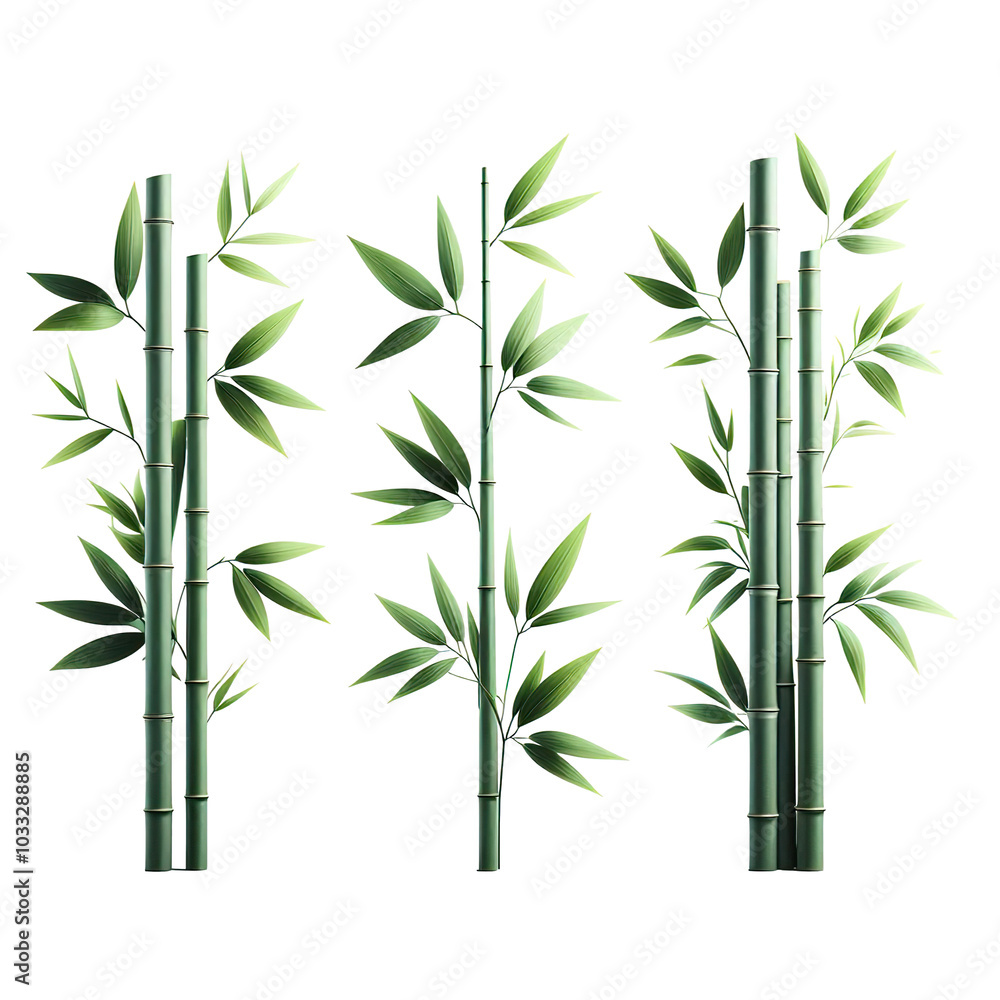 Fototapeta premium green bamboo stems with leaves illustration, isolated on white background PNG